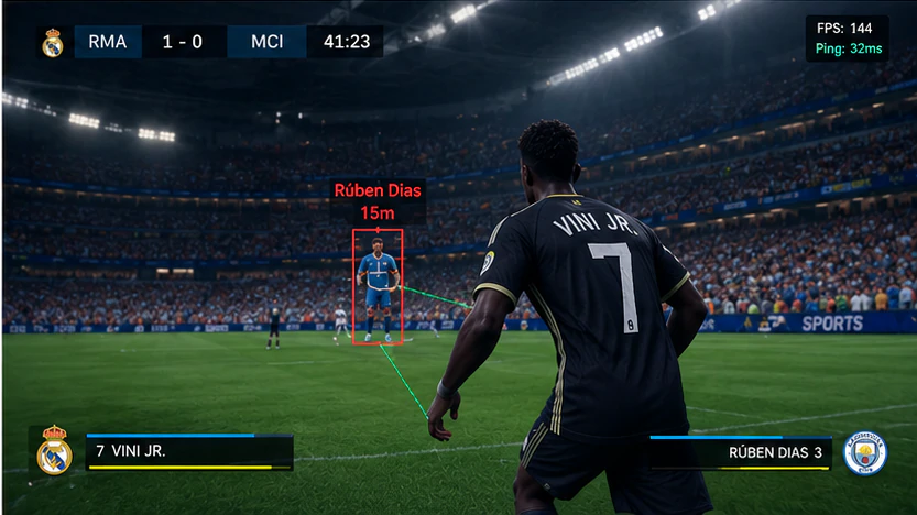 EA FC 27 shot lock assist targeting Rúben Dias with red ESP box and green connection line from Vini Jr. in rivals play