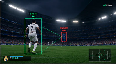 EA FC 27 chams-style player ESP on Vini Jr. and Rüdiger with cyan tracking lines and distance tags at night