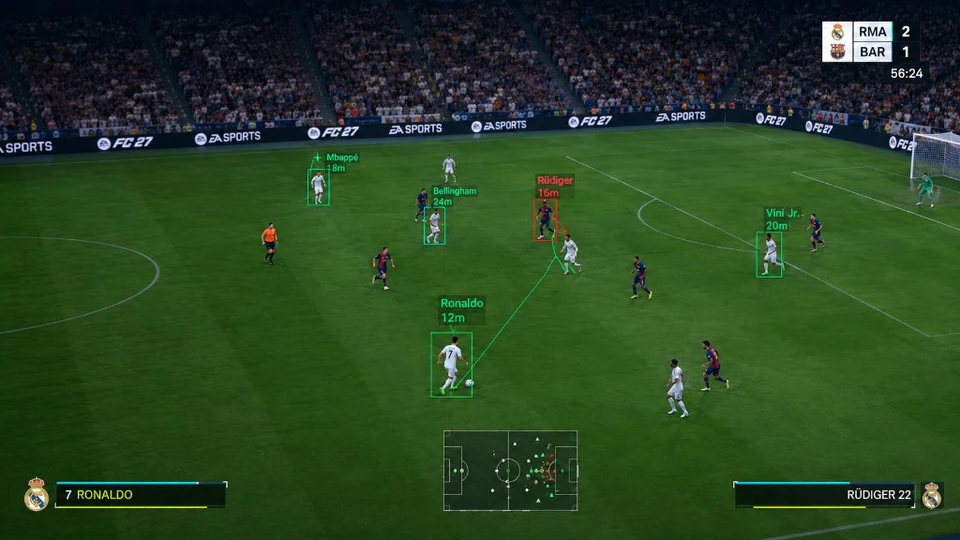 EA FC 27 FUT snipe assist view in Real Madrid vs Barcelona with Ronaldo, Mbappé and passing lane lines on the pitch