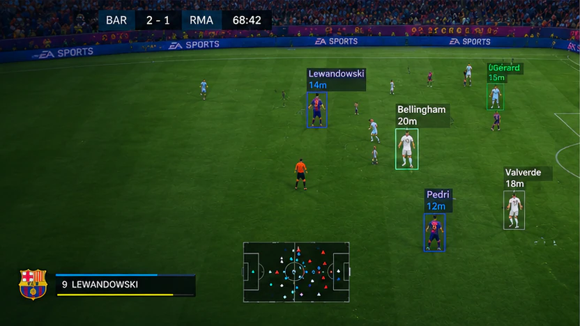 EA FC 27 long-range pitch ESP in Barcelona vs Real Madrid with distant player names and meter readouts